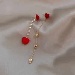 Delicate Asymetric Heart Love Modeling Pendant Ear Line for Women Long Tassel Heart Drop Earrings Fashion Party Jewelry Gifts
