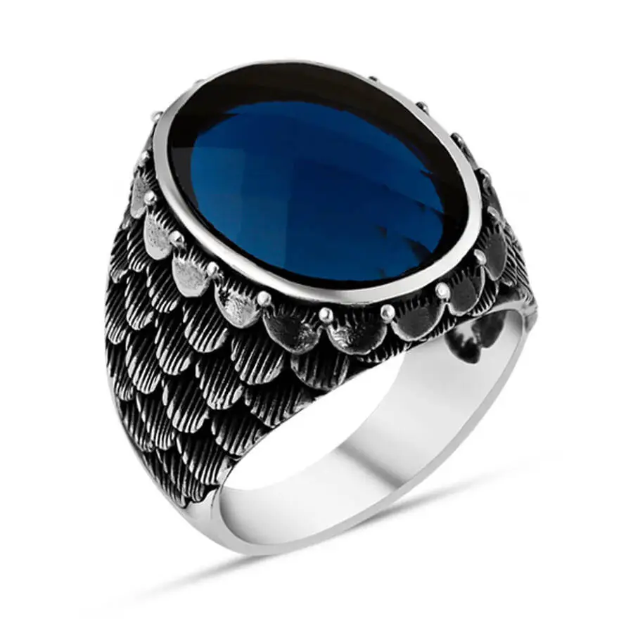 

Stamp Pattern Faceted Blue Zircon Sterling Silver Men's Ring Fashion Turkish Premium Quality Handmade Jawelery