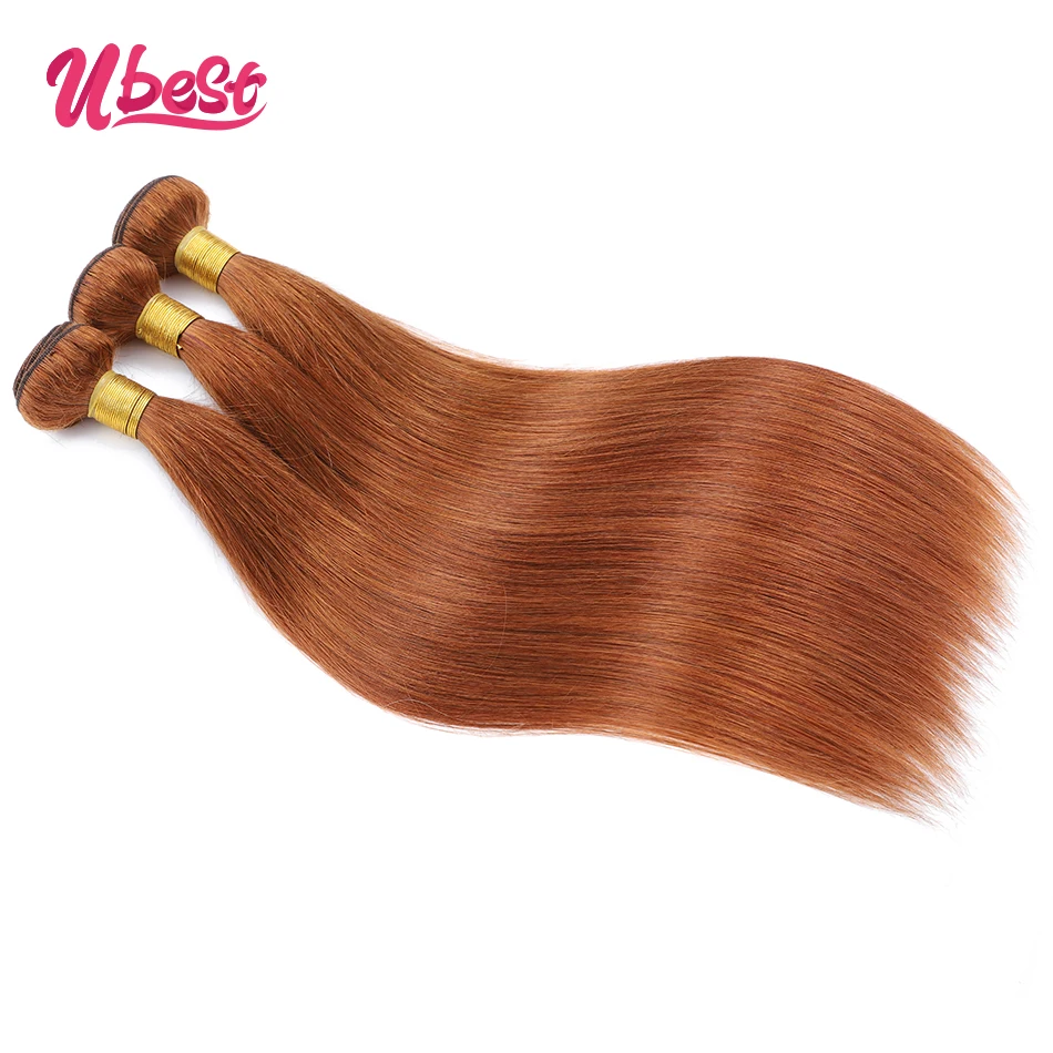 Ubest gengibre brown em linha reta com 4x4 fechamento do laço pacote de cabelo humano com fechamento pacotes de cabelo reto brasileiro com fechamento