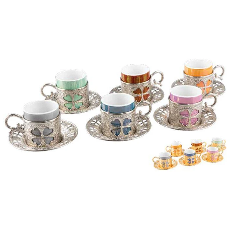 Set 6 Person Turkish Greek Arabic Coffee Espresso Clover Pattern Gold Silver High Quality Zamac Porcelain Made in Turkey