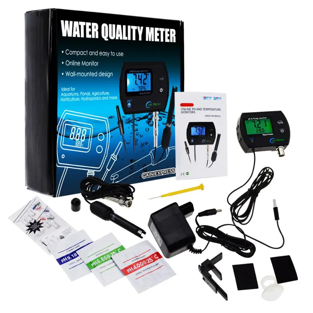 PH & Temperature 2-in-1 Continuous Monitor Meter 0.00~14.00pH DegC/ DegF Replaceable Electrode for Aquariums Hydroponics