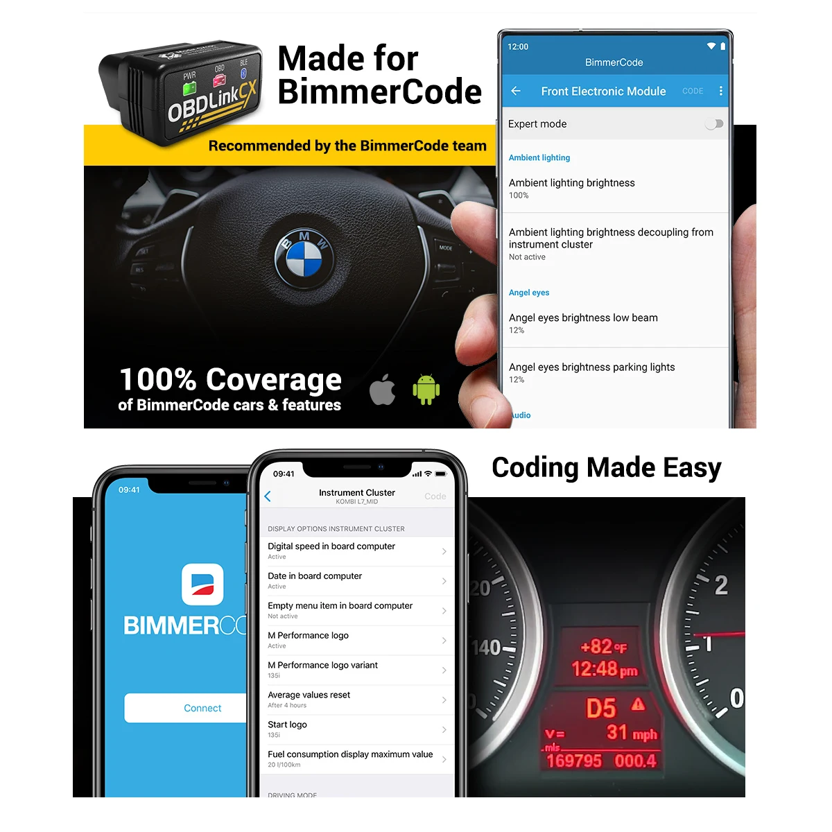 Adaptador OBDLink para Bimmercode, CX, projetado para Bluetooth 5.1, BLE OBD2, funciona com iPhone, iOS e Android, codificação de carro, OBD II