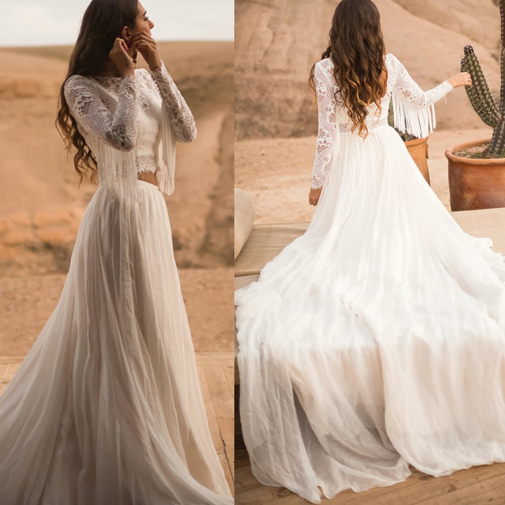 Renda chiffon areias praia vestido de casamento ao ar livre duas peças mangas compridas botões uma linha boho personalizado vestidos de noiva borlas