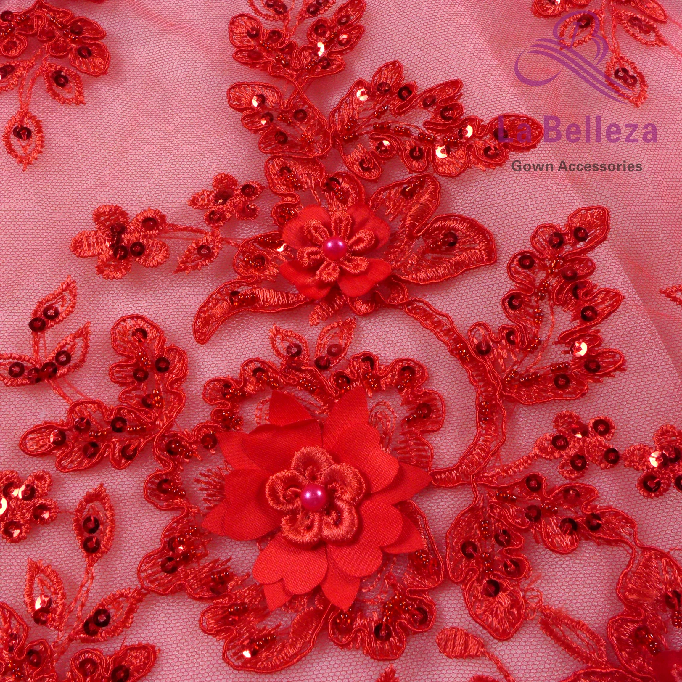 La Belleza handmade BLue,red 3D flowers/beaded wedding/evening dress lace fabric 49\'\' width 1 yard