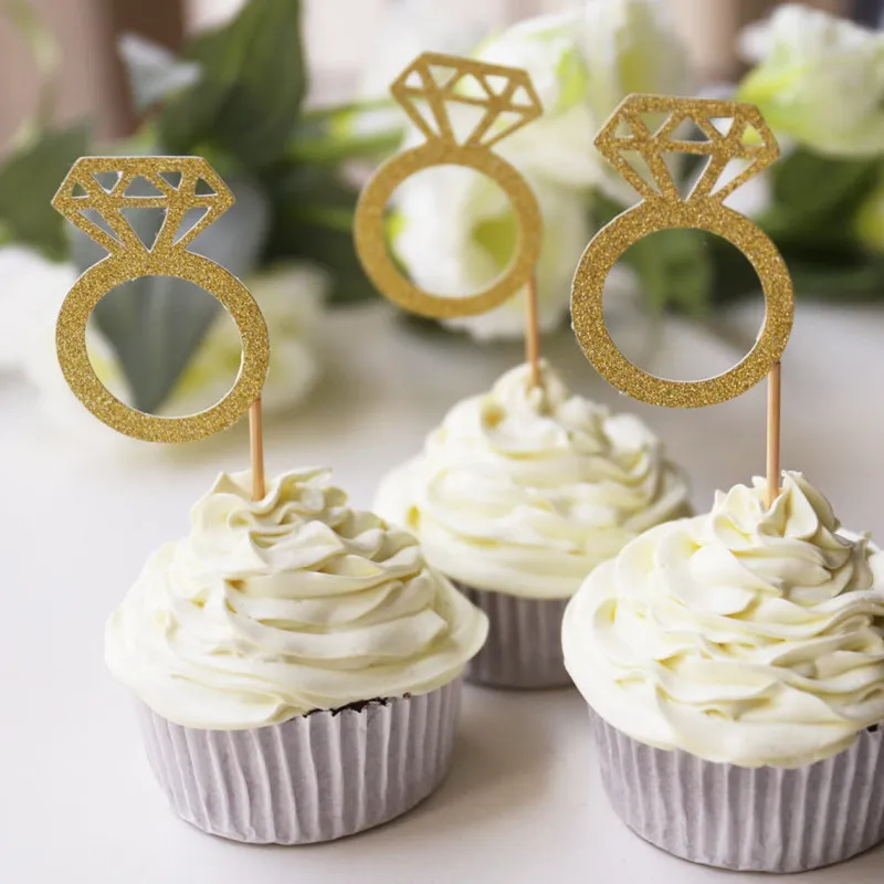 

Customised Diamond Rings cupcake Toppers /glitter gold wedding cake topper/bridal shower Toppers/Engagement Dessert toothpicks