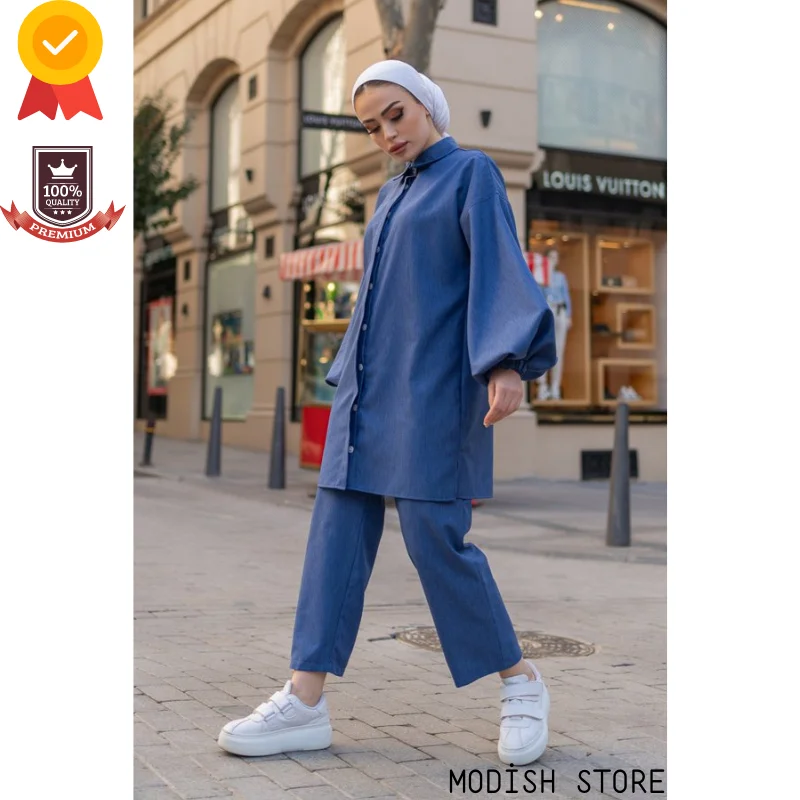 Balloon Sleeve Muslim Woman Set |Tunic Pants|2021 Dubai Abaya Turkey Turkish Women's Clothing Modest Clothing Islam