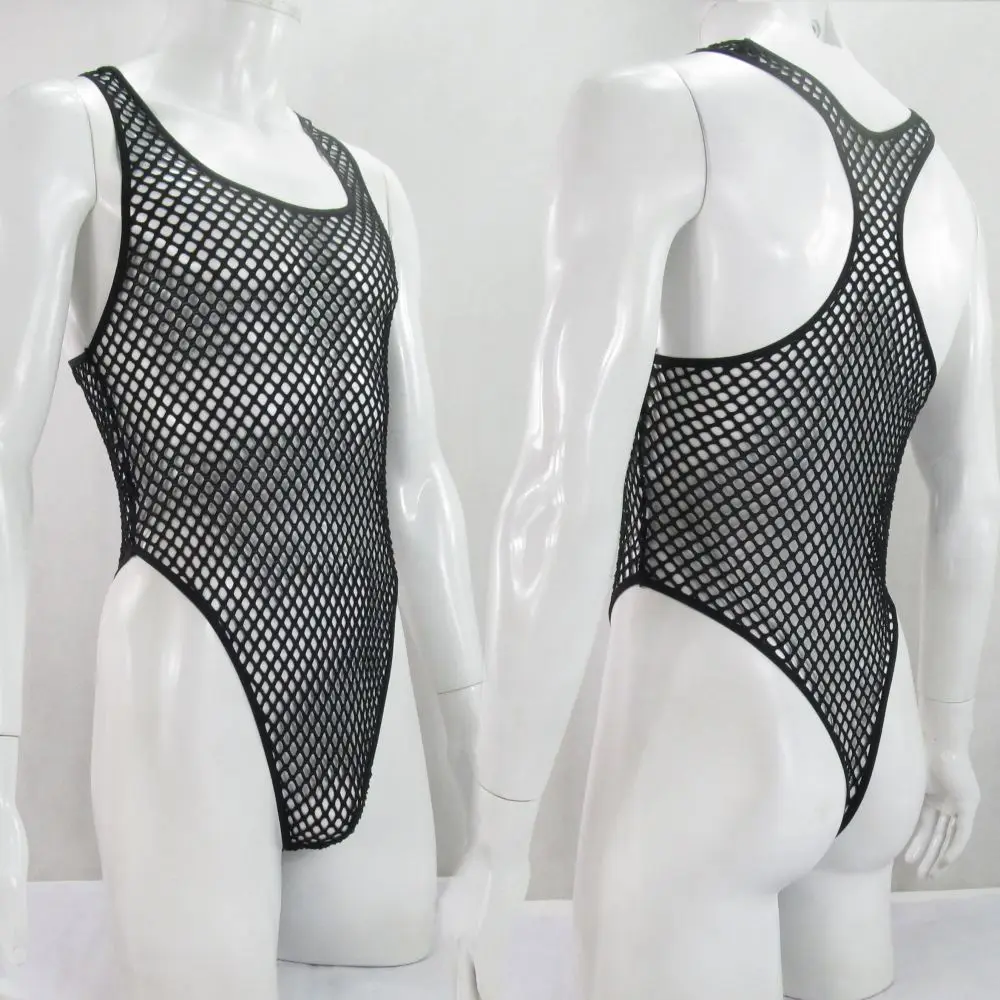 Mens Thong Back Bodysuit Stretchy High Cut Racer Back G1289 Big Net C-thru