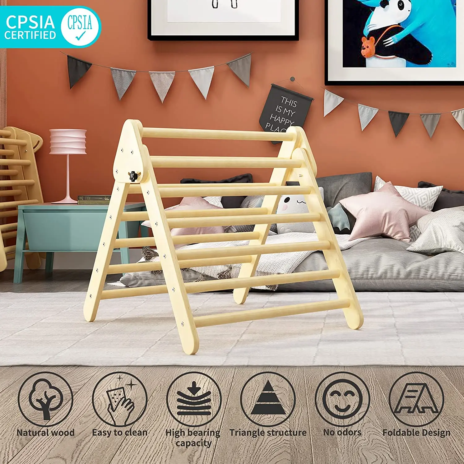 Pikler Triangle Foldable Wooden Climbing Triangle Ladder for Climbing Indoor Kids Play Gym Easy to Store Suitable for Toddlers C