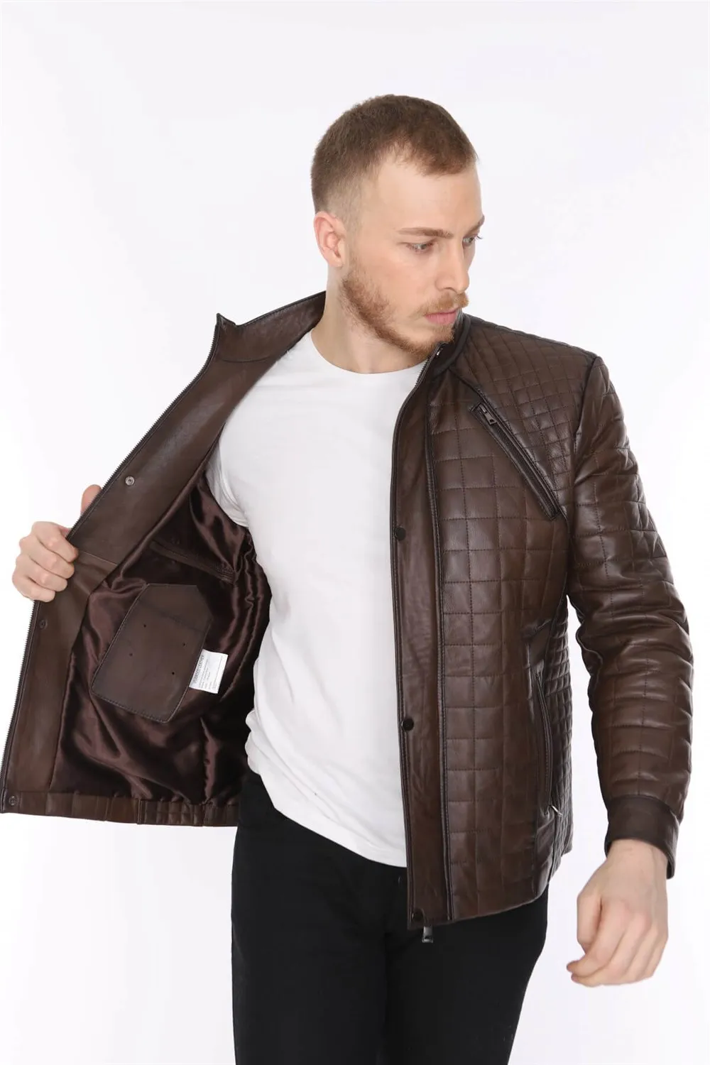 Skórzana kurtka męska sport model oryginalny lambskin brązowy kolor softy 2022 trend wygląd wykonane w turcji e-150185