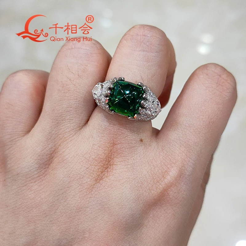 Sugar-loaf angel wings 10mm  925 silver green color emerald ring Created Hydrothermal Emerald melee white moissanite  Wedding