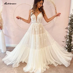 Sexy Boho Wedding Dress Applique Spaghetti Strap Illusion Backless Beach Bridal Gowns Suknia ślubna Lakshmigown