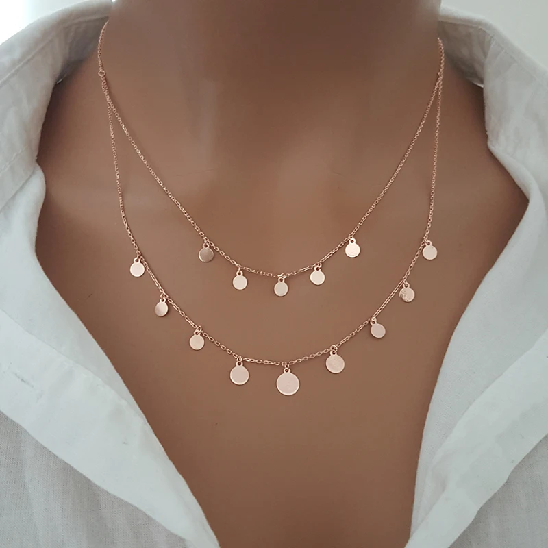 Coin Layer Necklace Double Layer 925 Silver Rose Gold Tiny Layer Choker