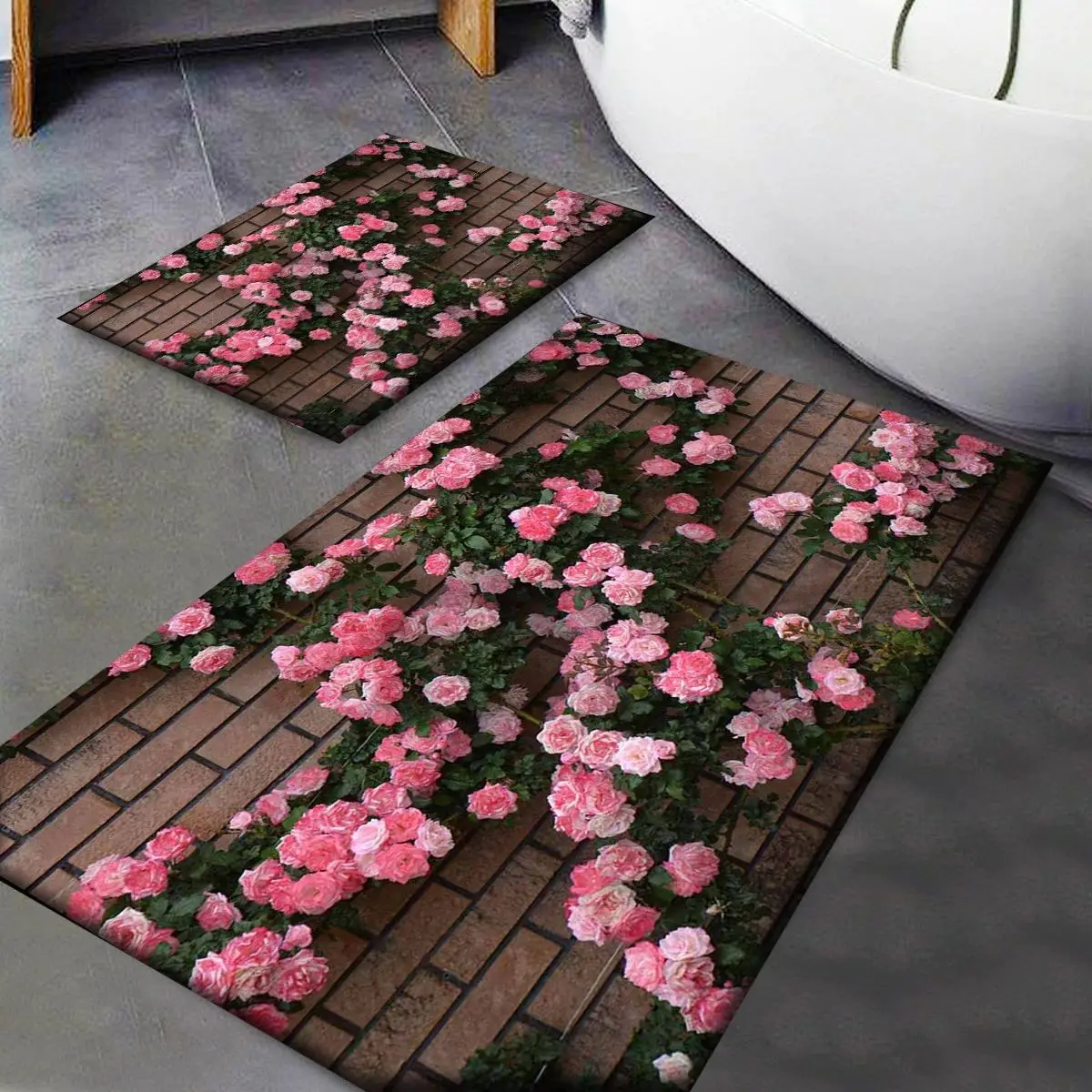 Pink Floral Patterned Washable Non-Slip Base 2 Pcs Bath Mat Set for Closet Bathroom Mat Floor Carpet Easy To clean