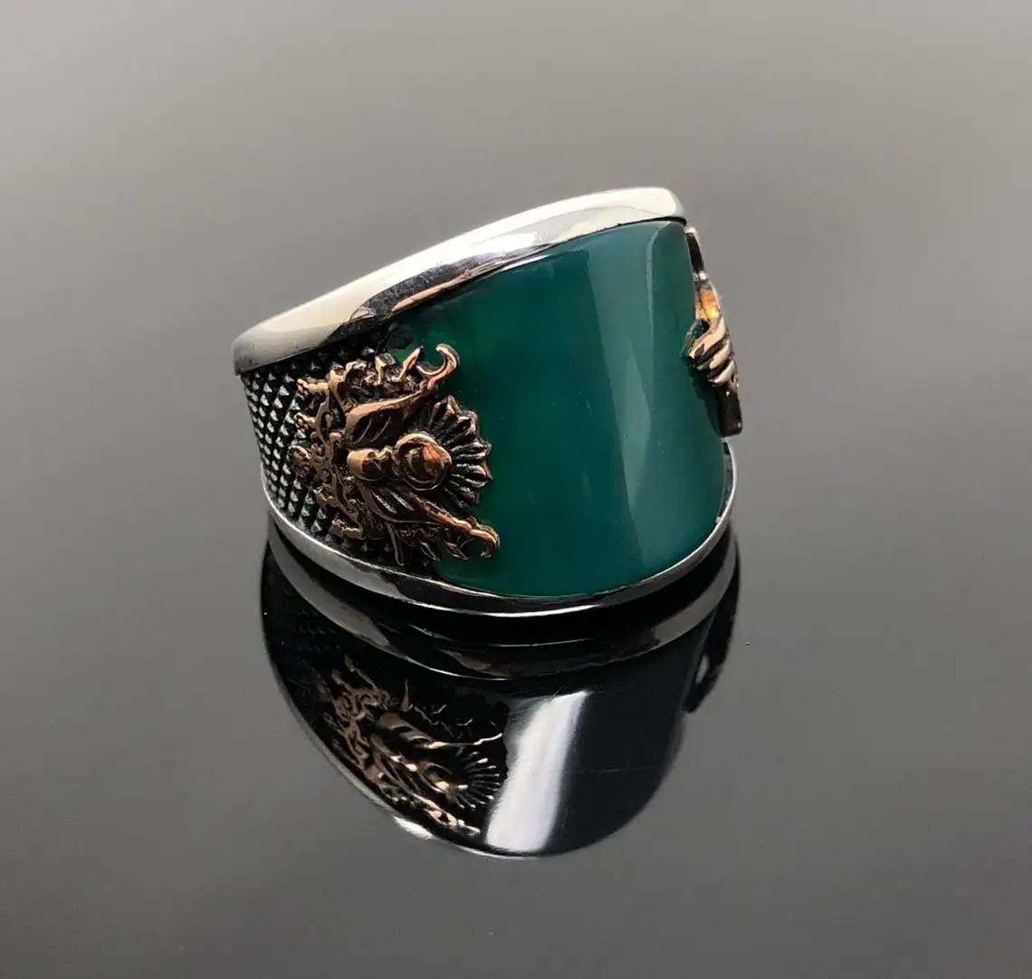 Oval Green Agate Stone Ottoman Masterwork Ring for Men 925 Sterling Silver Collocation Fashion Natural Fine Jewelery Gift idea