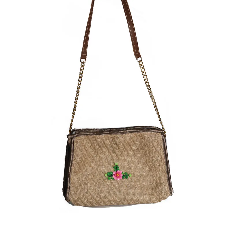 Women's Beading Flower Detail Jute Straw Chain Strap Shoulder Bag