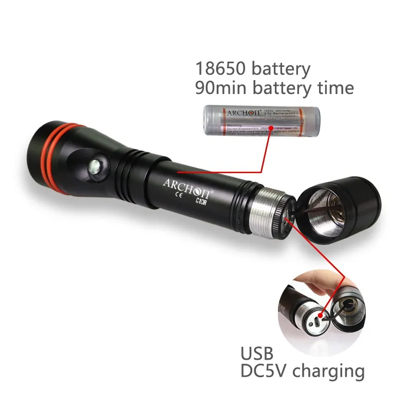 ARCHON C10R Diving Flashlight USB Charging Dive Torch 1200 lumen CREE LED chip Underwater Light 100m Diving Light Built-in 18650