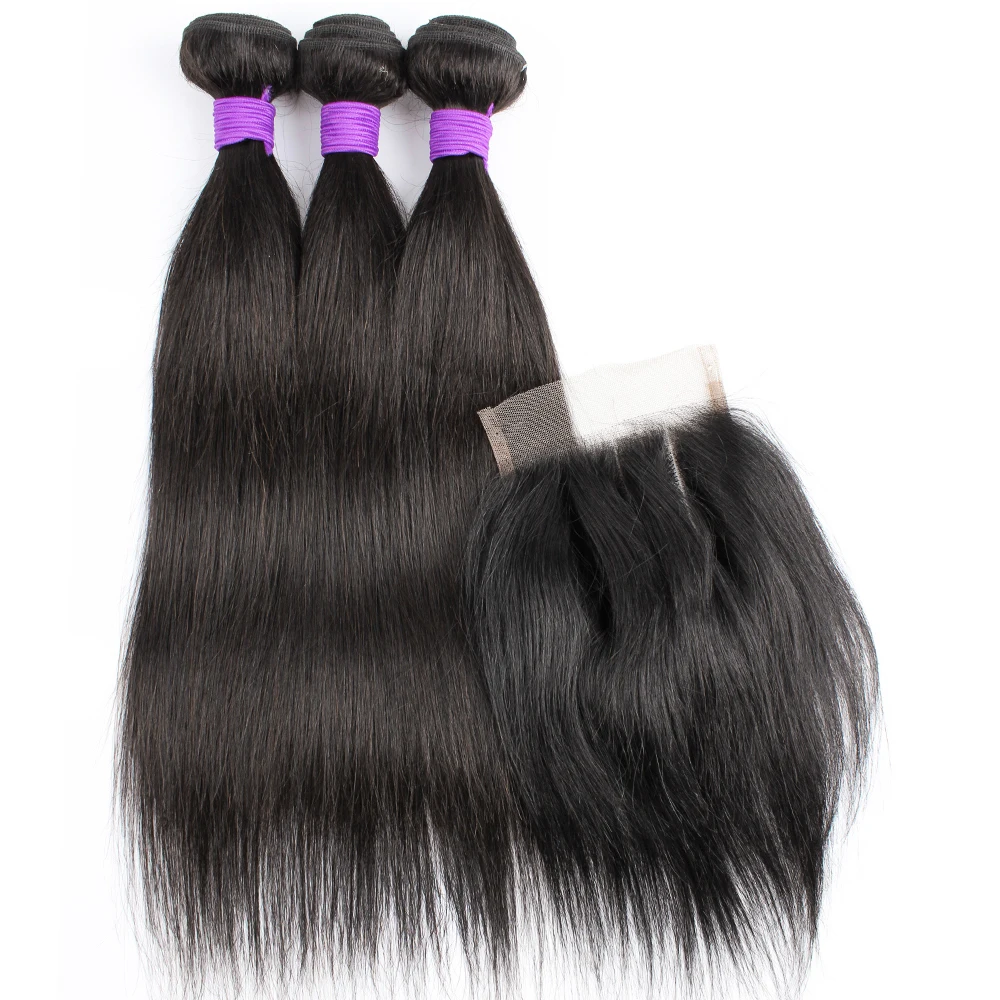 3 Bundles With 4x4 Lace Closure 200g/lot Natural Color Indian Human Hair Extension Straight 4*4 Transparent Swiss Lace