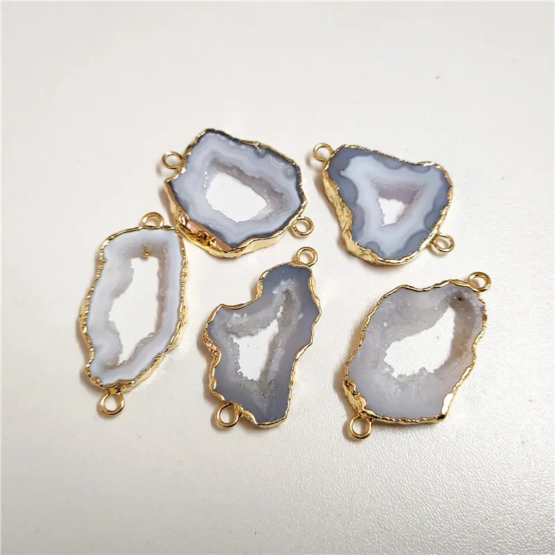 FUWO Natural Druzy Agates Slice Connector With Golden Plated Geode Charm Accessory For Bracelet Making PD228