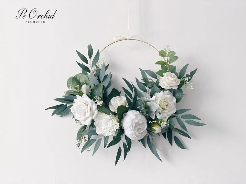 Peorquídea branco peônia hoop buquê de casamento boho personalizado eucalipto flores porta decorativa grinalda buquê de dama de honra anel