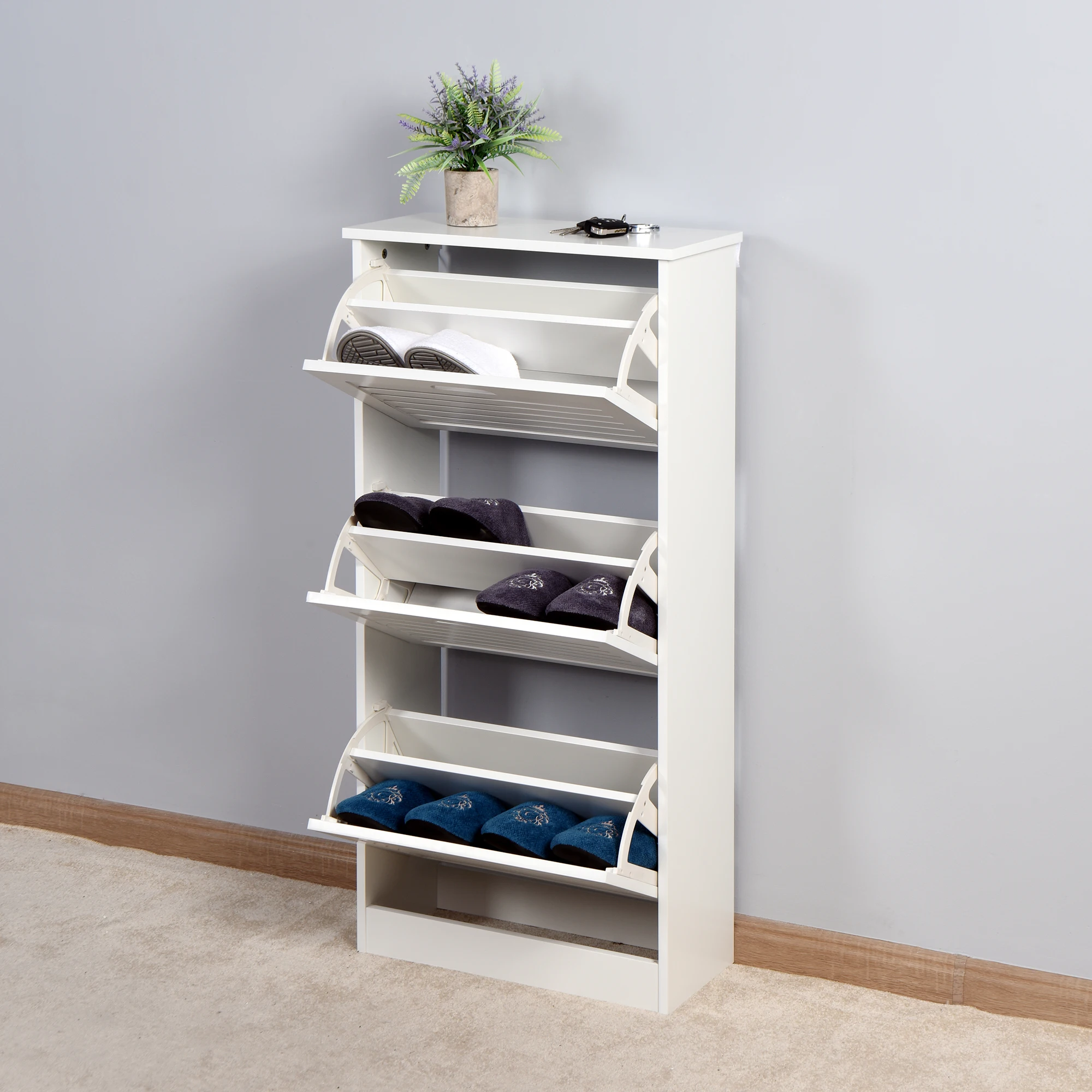 Wooden Shoe Cabinet for Entryway White Shoe Storage Rack with 3 Flip Doors 20.94x9.45x43.11 Inch[US-W]