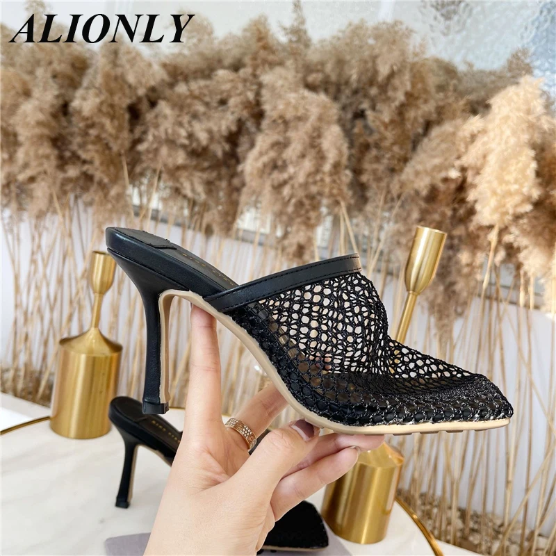 Alionly Ladies Half Slippers Fashion All-Match 2023 New Summer Square Head Mesh Shoes High Heels Stiletto Toe Sandals