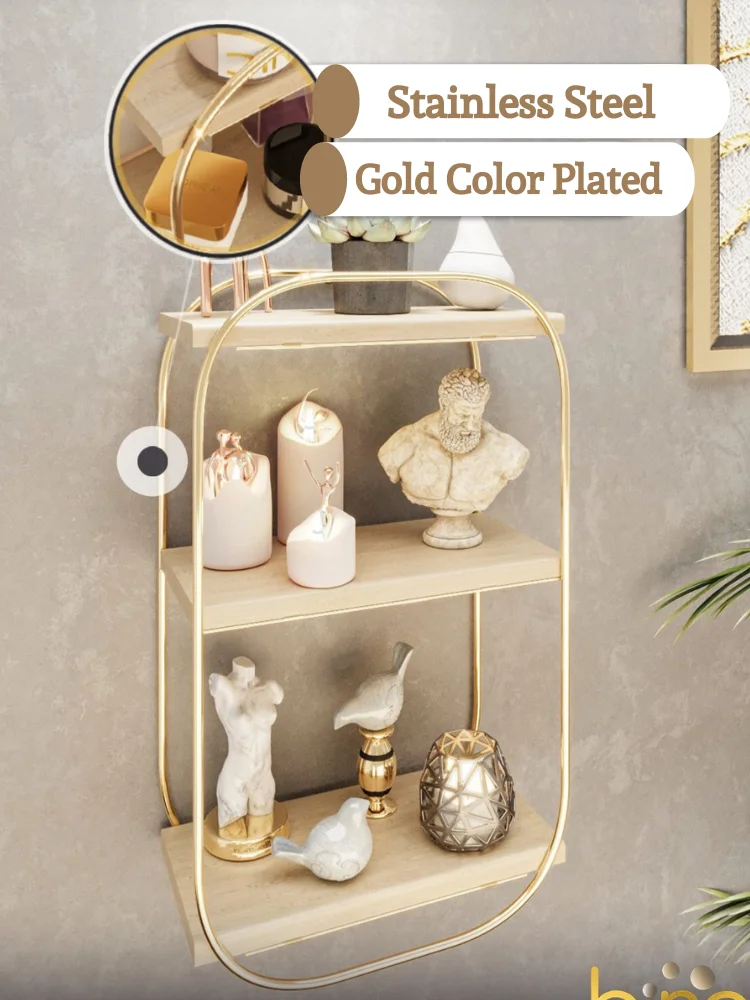 Wall Mounted Rack Multi-Purpose Organizer Oval Shelf Wooden Bathroom Kitchen Makeup Jewelry Storage Gold Stainless Easy Clean