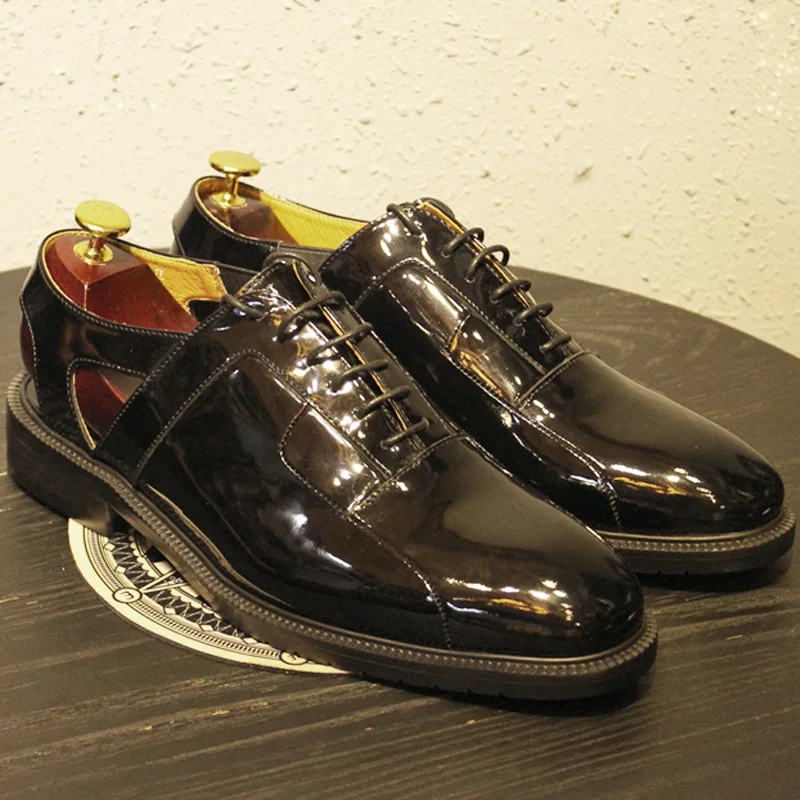 

New Runway Ankle Strap Mens Genuine Leather Oxford Shoes Lace Up Summer Wedding Party Ankle Strap Male Office Work Sandals