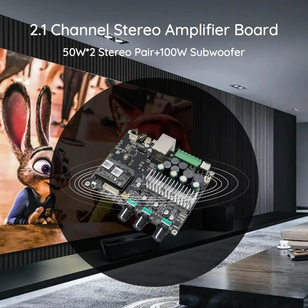 Up2stream Amp 2.1 Bluetooth 5.0 2.1 Channel Power Audio Stereo Subwoofer Amplifier Board 50Wx2+100W Treble Bass Note Tuning AMP