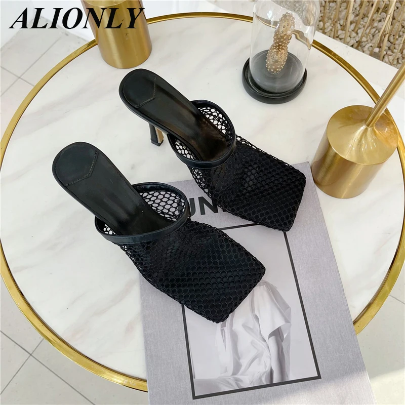 Alionly Ladies Half Slippers Fashion All-Match 2023 New Summer Square Head Mesh Shoes High Heels Stiletto Toe Sandals