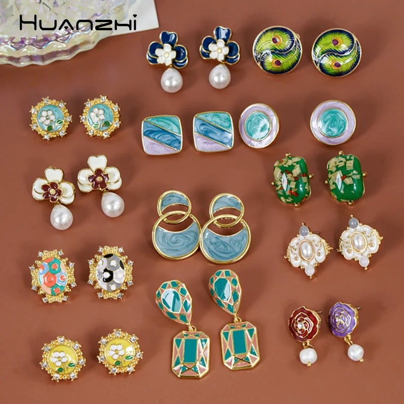 Vintage Oil Painting Enamel Colorful Flower Geometric Pearl Stud Earrings for Women Drop Glaze Metal Trendy Jewelry HUANZHI New