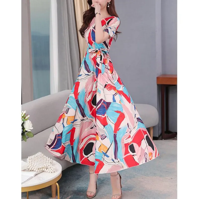 

V-neck short-sleeved chiffon dress 2019 Korean summer new temperament slim waist chiffon floral women