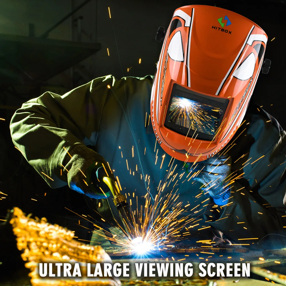 HITBOX Welding Helmet ​Auto Darkening Large Viewing Screen Hood Solar Lithium 4 Arc Sensor TIG MIG Arc Grinding Welder Mask