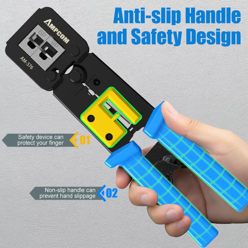 AMPCOM RJ45 Crimp Tool Pass Through Cat5 Cat5e Cat6 Crimper Cutter Stripper for RJ45 RJ12 RJ11 8P 6P End Pass Through connector