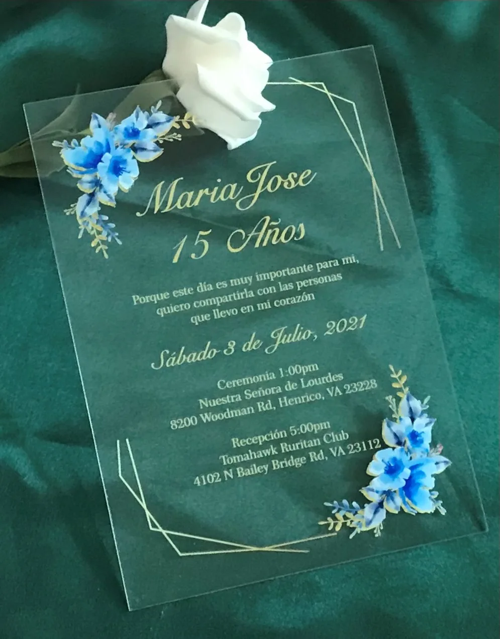 

Birthday Quinceannera Invitation, Custom Pocket Envelope,Light Blue Flowers, Wedding Invitation,Transparent 1mm Invite, 10Pcs