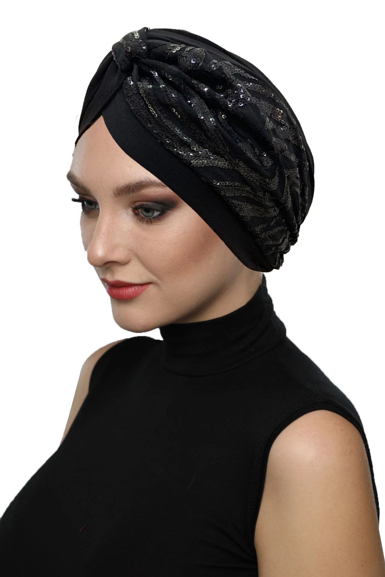 

2022 New Fashion Black Patterned Sequined Ready Made Turban Hijab Bonnet Scarf Cancer Cap Special Women Product Beret Muslim Liner Chemo All Season Rib Lame Pearl Bead Custom Design