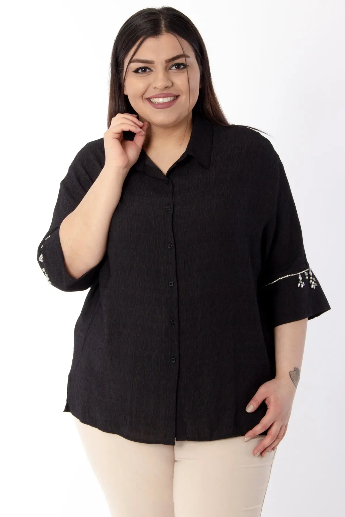 Hanezza Plus Size SLEEVE END STONE PROCESSING TEMPORARY SHED SHIRT