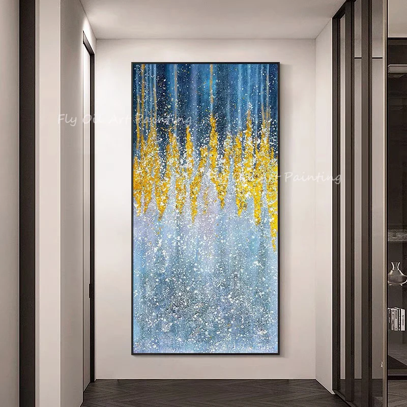 

100% Handmade gold foil blue canvas thick large size knife modern simple nordic oil painting for office living room decoration