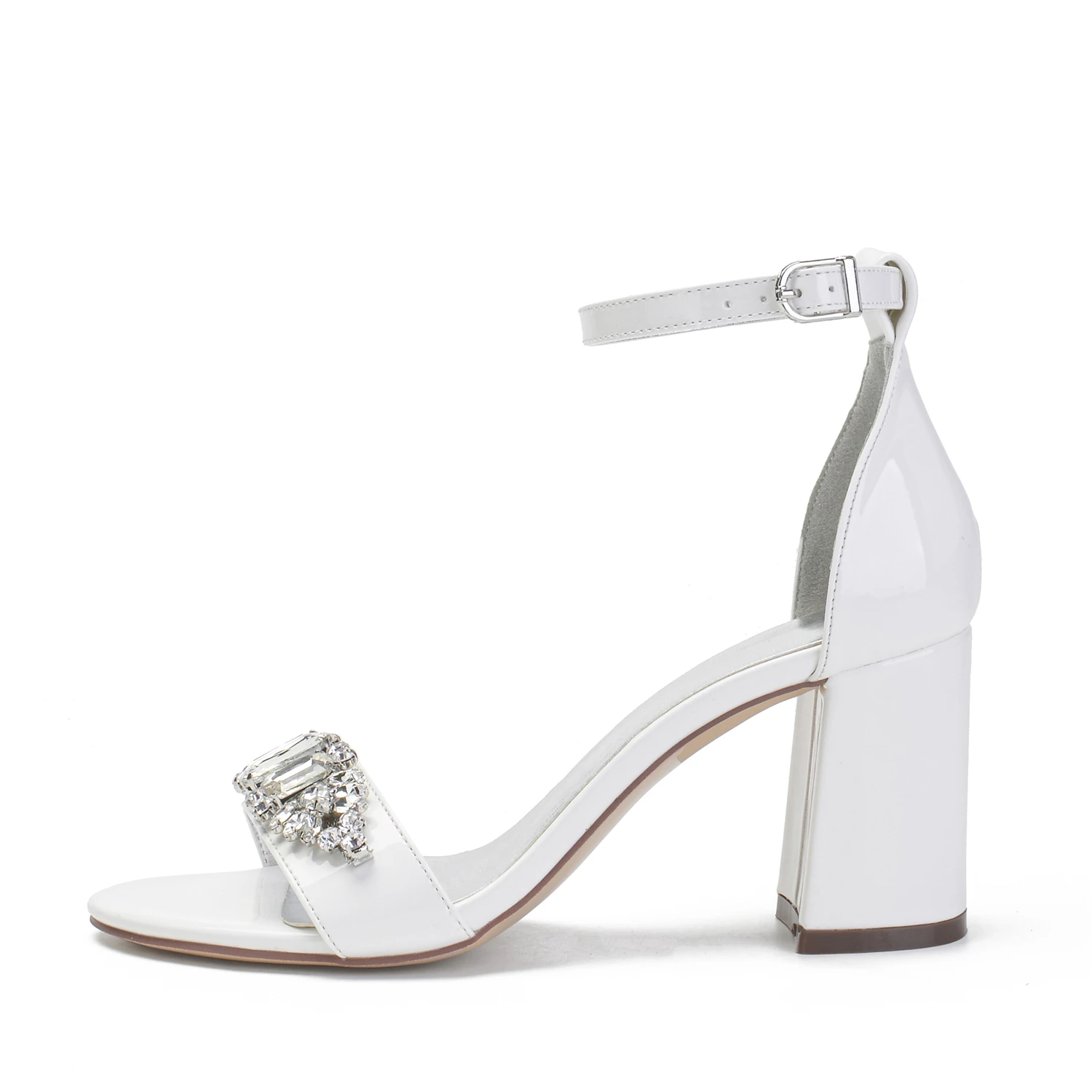 Block Thick Heel Sandals Ankle Strap with Big Stone Crystals Trim Strap Upper Lady Pumps Bridal Wedding Shoes White Ivory High