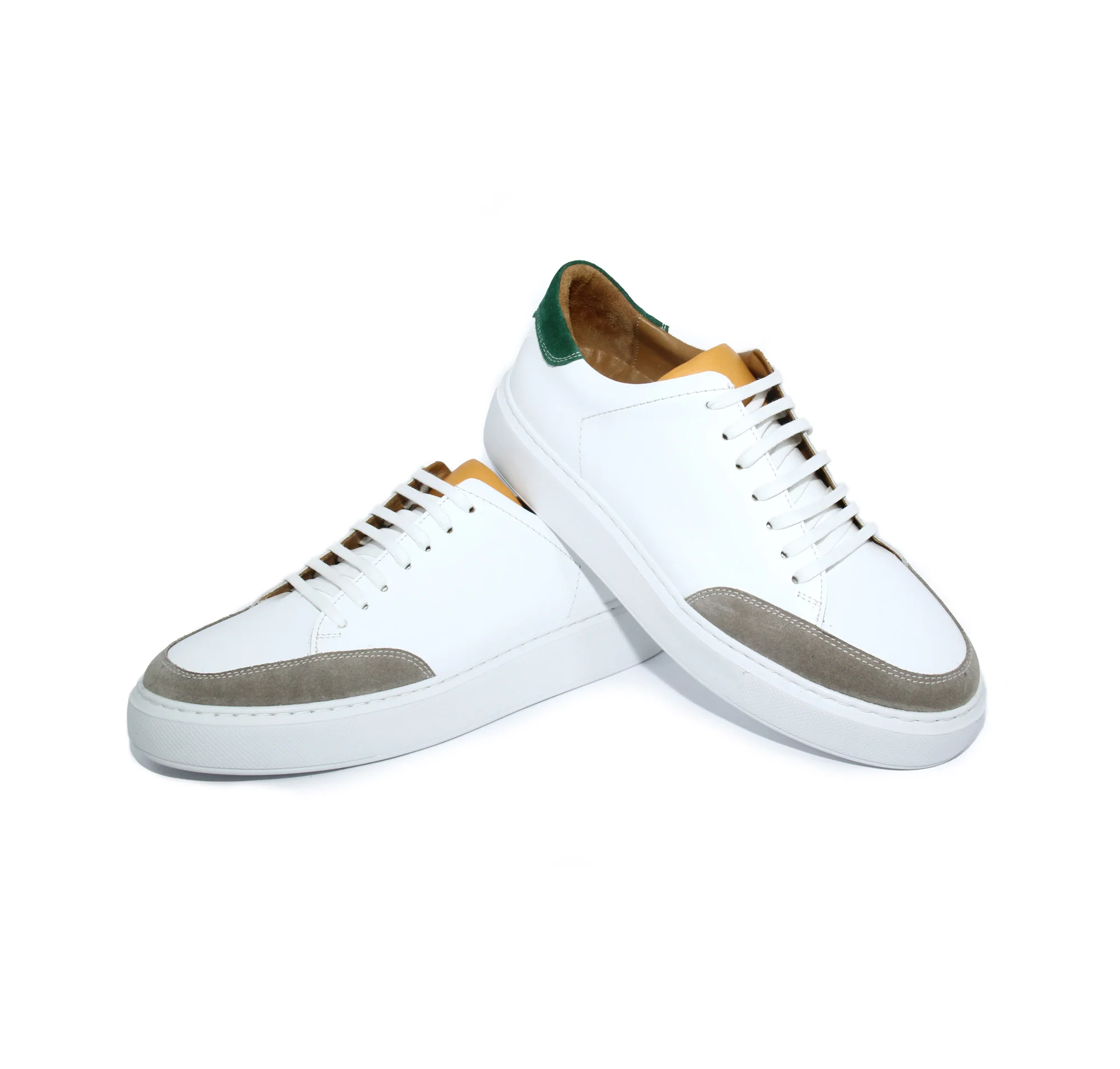 Men's Handmade Sport Sneakers, White Yellow Leather & Beige Green Suede, Casual Fashion Shoes for Men, Lightweight EVA Sole