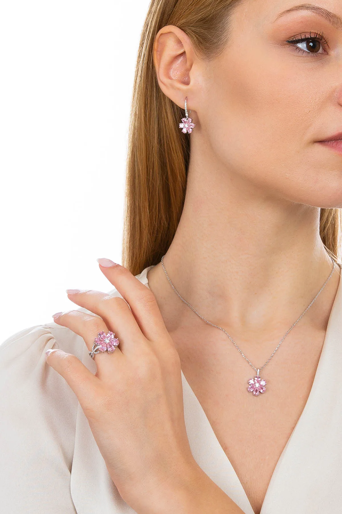 Valori Jewels Magnolia Flower Set , 6 Ct Zircon Pink Pear Gemstone , Rhodium Plated ,925 Silver, Fine Jewelry