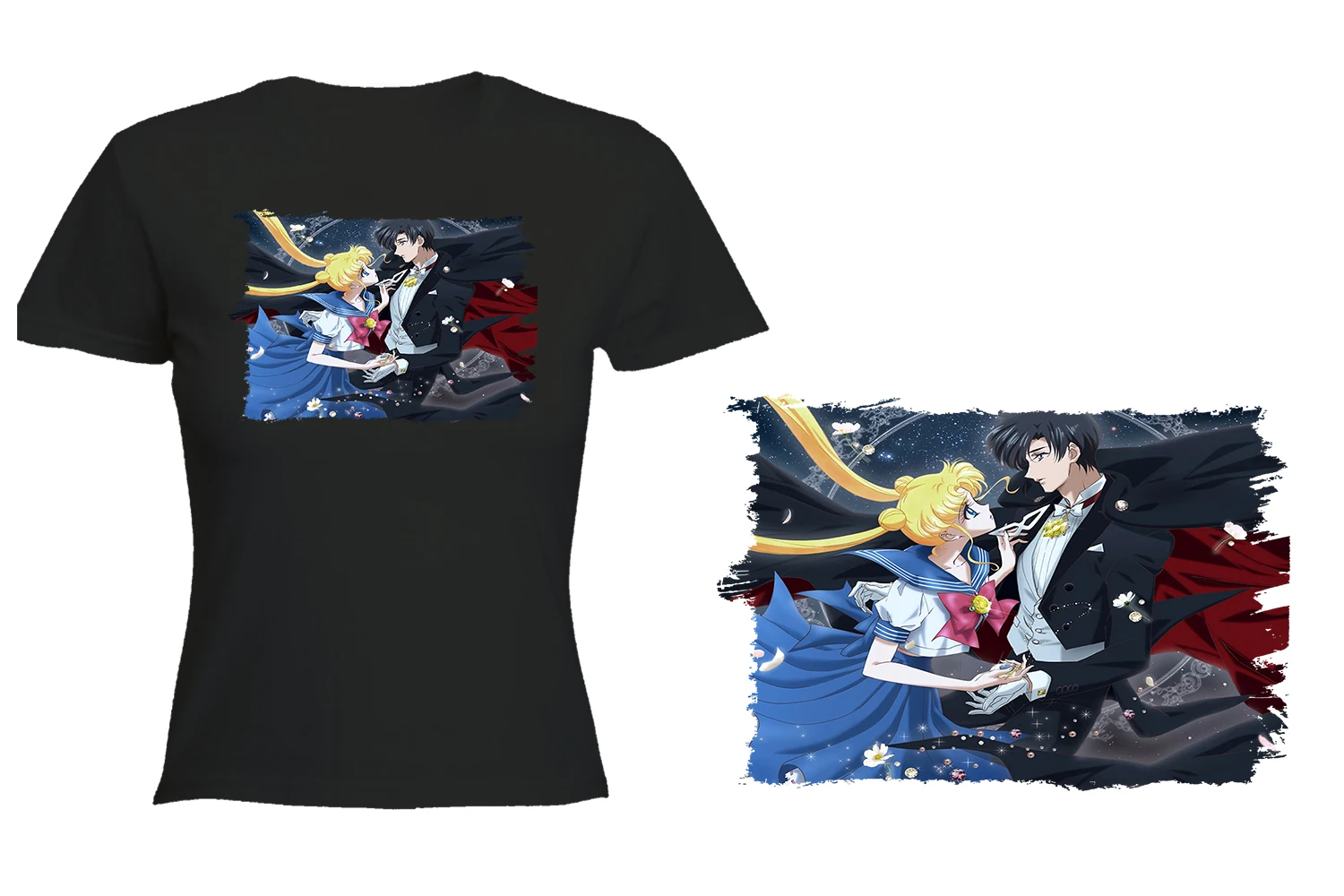 WOMENS BLACK T-SHIRT USAGI X TUXEDO LOVE ANIME T-shirt