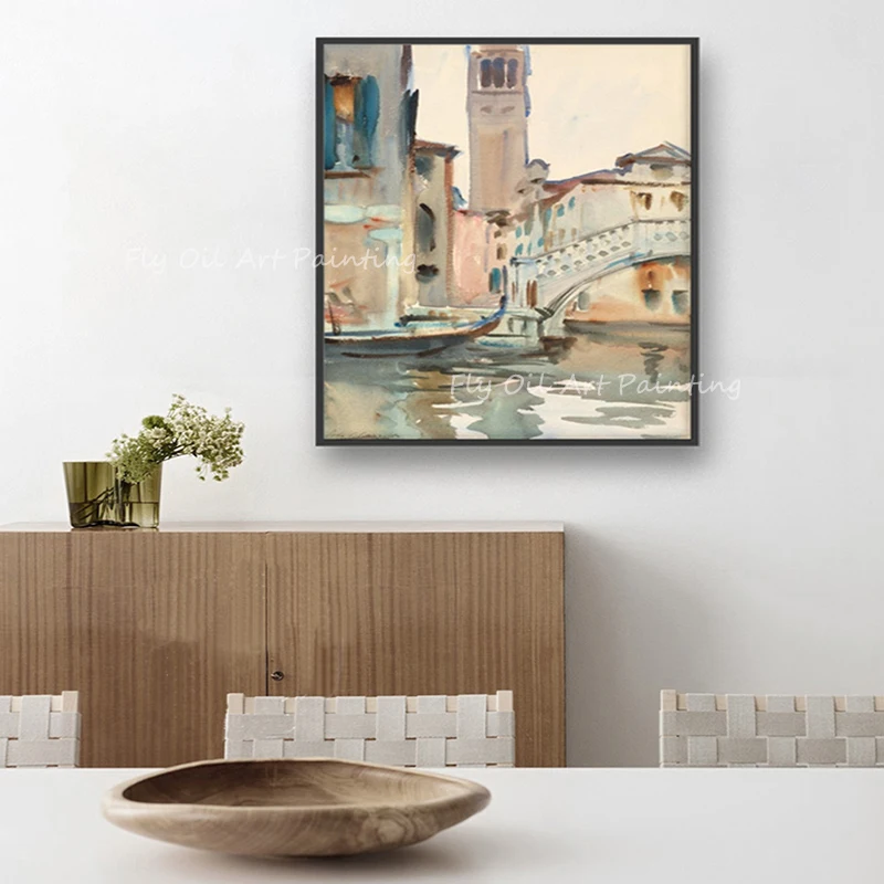 

100% hand painted modern city building bridge with river and boat romantic picture Oil Painting on Canvas Art Classic Cuadros