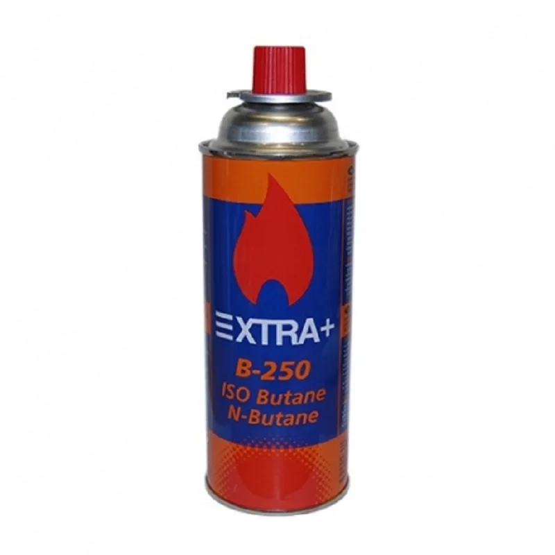 EXTRA + butane Gas cartridge, 220 gr. Propan-Izobutan-Butan, mix of four seasons. This cartridge complies with the normative EN417. Cartridges compatible with kitchens and stoves and scraps that accept B-250 cartridges