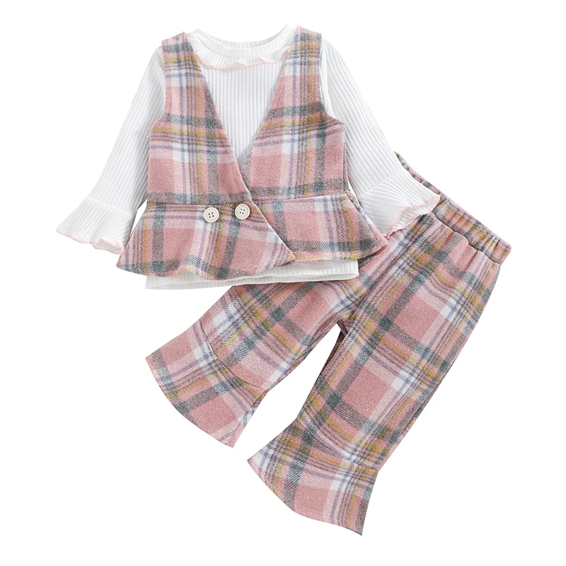 Fashion Baby Girls Clothing Set Elegant Suit Ruffle Knitted Tops Plaid Print Vest Flare Pants Outfit Princess Toddler Girl Sets