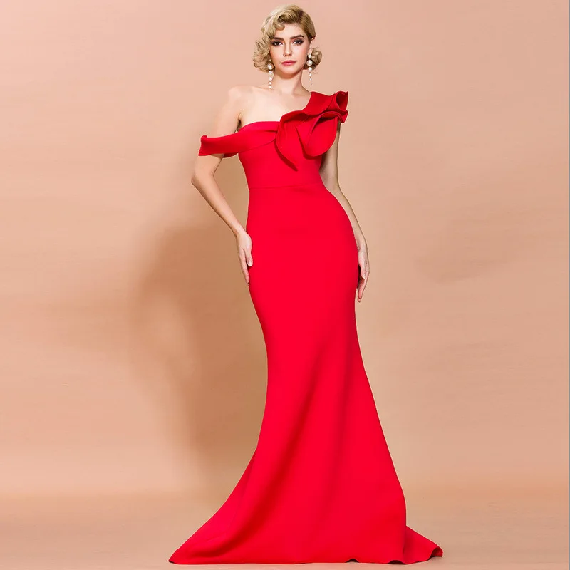 CloverBridal One Shoulder Red Mermaid Evening Dress Sweep Train Free Customized vestido de fiesta de boda DH9475