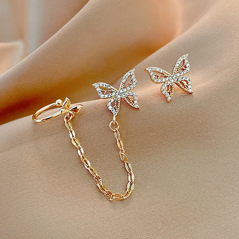 Korean Elegant Cute Rhinestone Butterfly Stud Earrings For Women Girls Fashion Metal Chain Earring Wedding Party Jewelry Gifts