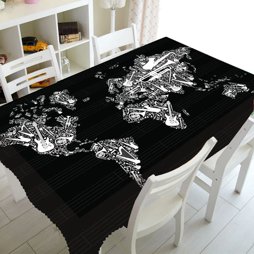 Novelty Musical Instruments World Map Table Cloth Cover for Party Home Decor Abstract Music World Tablecloth Dining Kitchen Gift