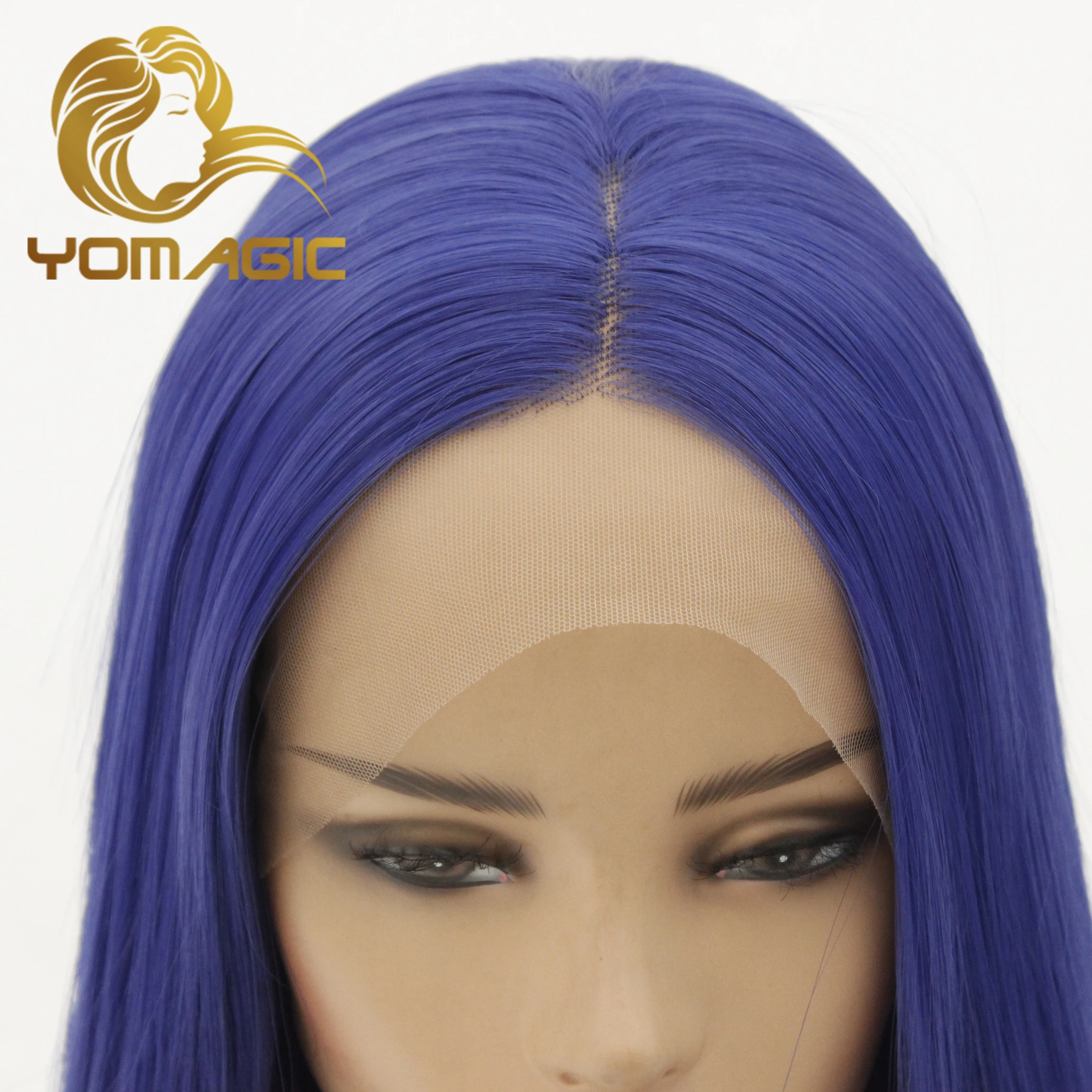 Yomagic Wig Renda Depan 13X3 Sintetis Biru dengan Rambut Bayi Lurus Tahan Panas 99J Wig Renda untuk Wanita Sebelum Dipetik