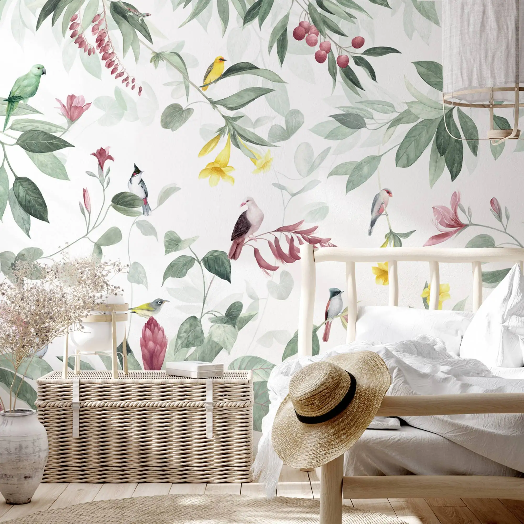 Papel tapiz panorámico a medida, verde y rosa, papel tapiz no tejido de estilo fresco, flores tropicales y pájaros exóticos