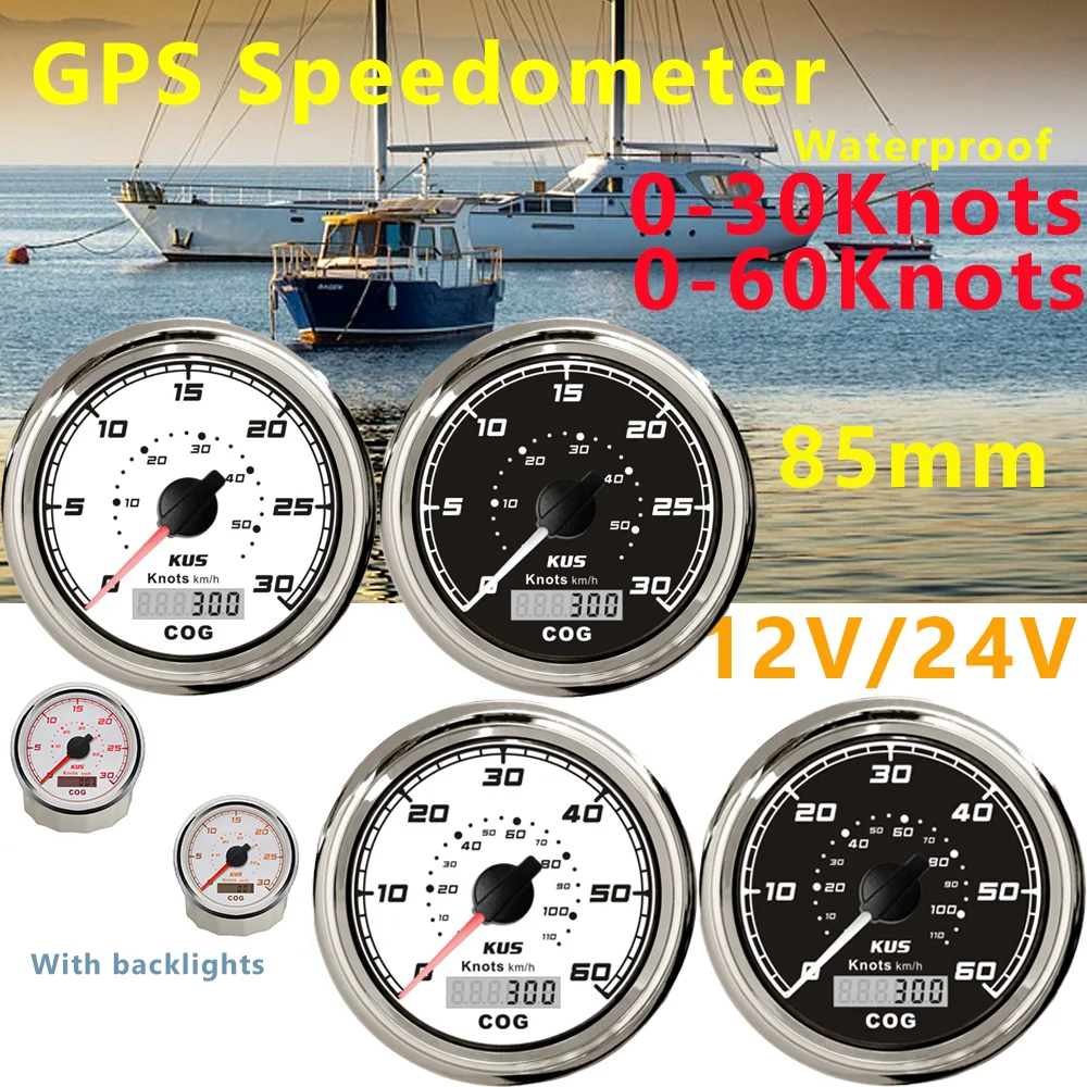 

KUS Waterproof Marine Boat Vessels 85mm GPS Speedometer 0-30Knots 0-60knots with Red Yellow Backlight 9-32V